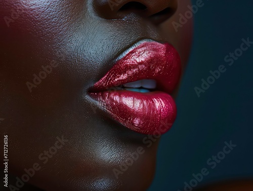 Perfect natural lip makeup. Close up photo of African-American woman have full plump moisturizing with natural gloss lips. Concept of beauty, make-up, cosmetology, spa treatments, cosmetic product. Ad