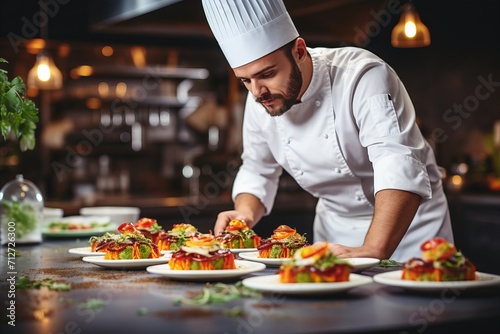 Creative professional chef in white uniform cooking vegetarian dish in restaurant kitchen