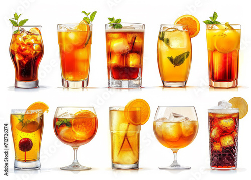 Various cocktails on a transparent background. A collection of various glasses containing a variety of beverages.