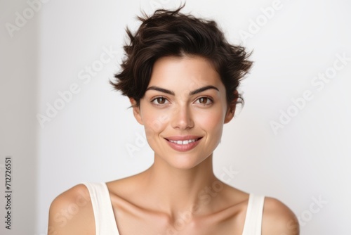 Portrait of beautiful young happy smiling woman  over white background.