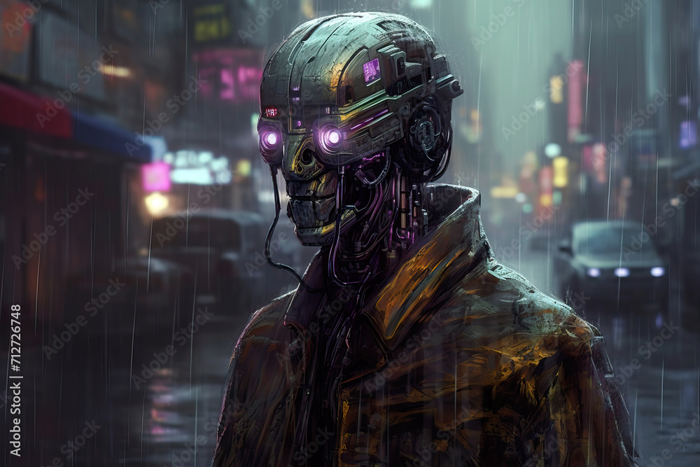 portrait of a cyberpunk pobot in the city