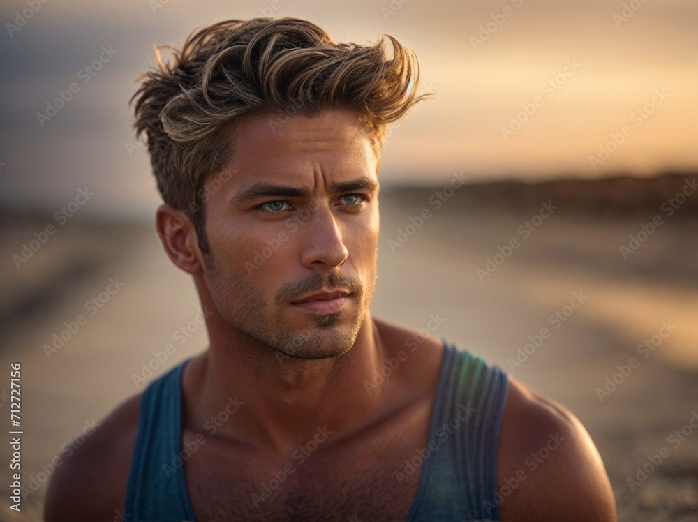 Man in Tank Top Standing on Beach. Generative AI. Man in Tank Top Standing on Beach. Generative AI.