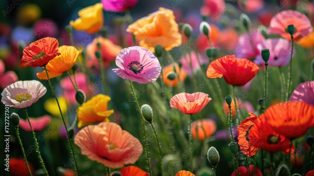 Fototapeta premium poppies in various hues, forming a vivid and picturesque floral background generative ai