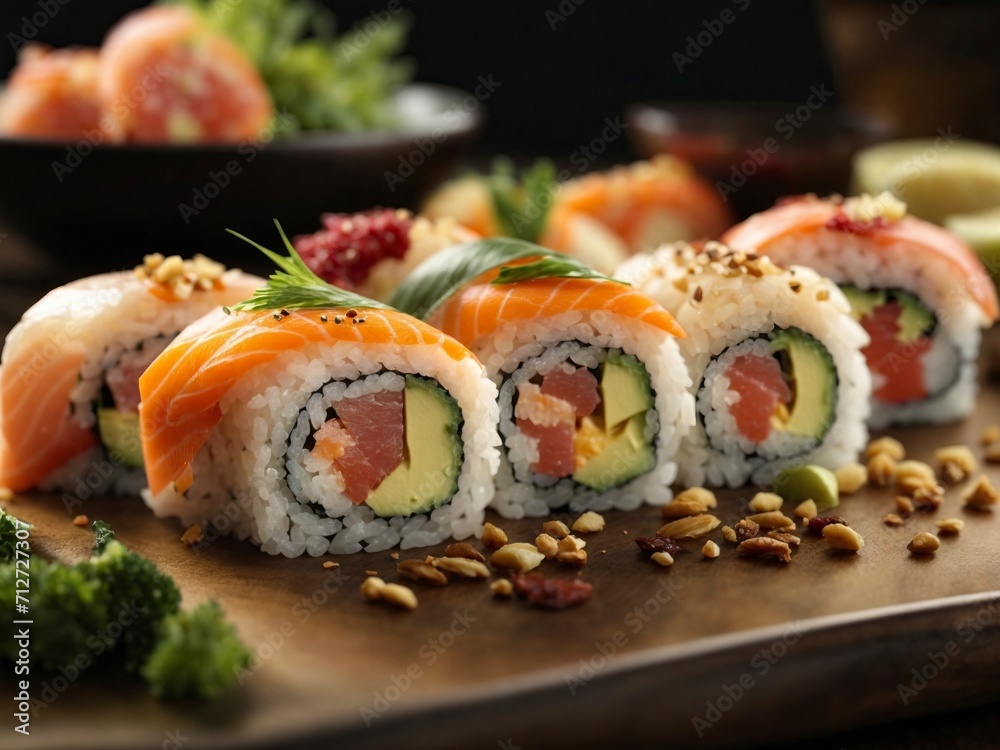 Sushi rolls with salmon, avocado, cucumber, cream cheese and sesame seeds Sushi rolls with salmon, avocado, cucumber, cream cheese and sesame seeds