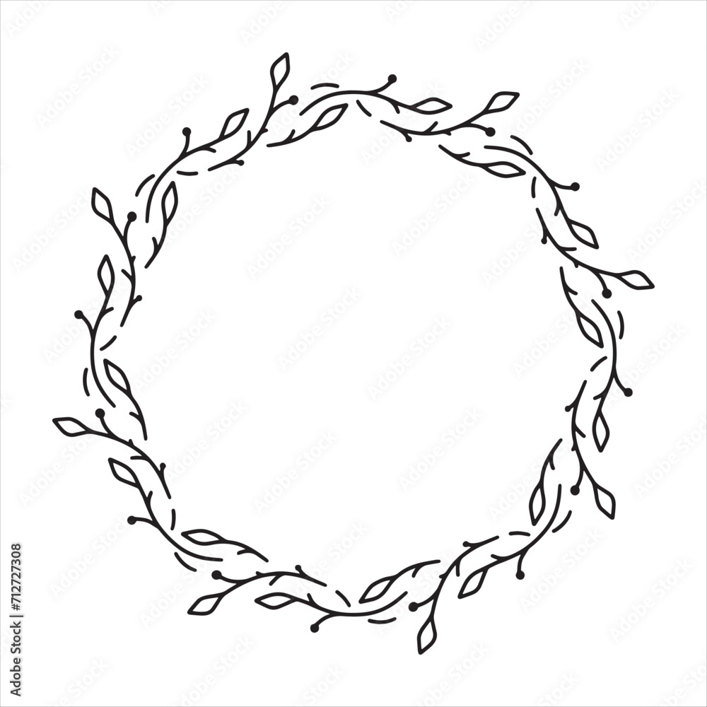 Hand drawn floral wreath. Botanical round frame with branches and leaves. Minimalistic floral frames for logo, monogram, decoration. Hand drawn floral wreath. Botanical round frame with branches and leaves. Minimalistic floral frames for logo, monogram, decoration.
