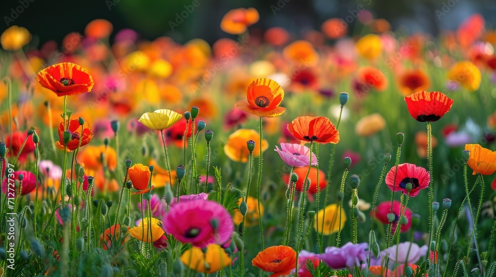 Fototapeta premium poppies in various hues, forming a vivid and picturesque floral background generative ai