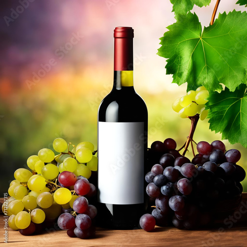 Bottle of red wine with bunches of grapes next to it.