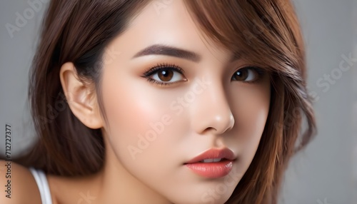 Close up portrait of beautiful young woman on gray background. Cosmetic, care products banner template, banner