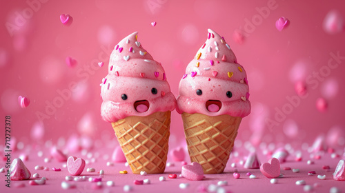 Delighted Pink Ice Cream Cones with Sprinkles on Valentine s Day