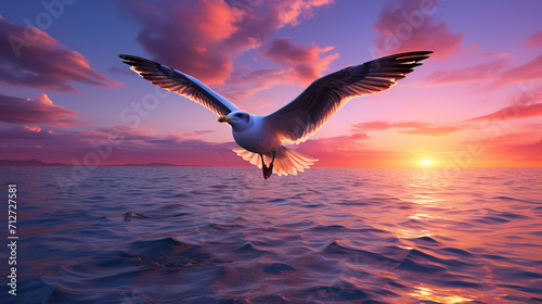 Seagull and violet clouds Seagull flying in violet sky over the sea , Generate AI