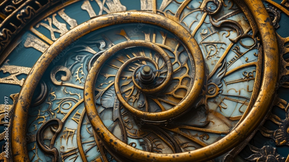 An old vintage clock face with a spiral effect representing the infinite spiral of time