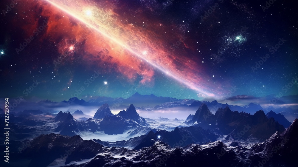 alien night space landscape, stars, nebulae, galaxies in the sky