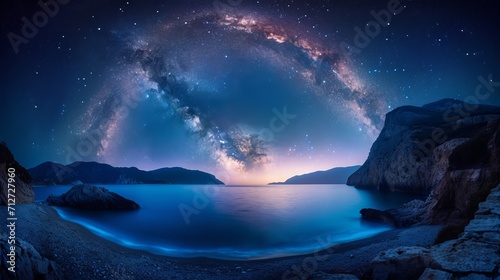 Arched Milky Way over the beautiful mountains and blue sea at night in summer. Colorful landscape with bright starry sky with Milky Way arch, moonlight, constellation, water. Galaxy. Nature and space © Orxan