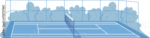 Tennis court vector illustration with blue hues, empty sports field. Minimalist design of outdoor tennis court, clear sky.