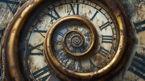 An old vintage clock face with a spiral effect representing the infinite spiral of time photo