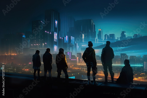 silhouette group of people in cyberpunk sity