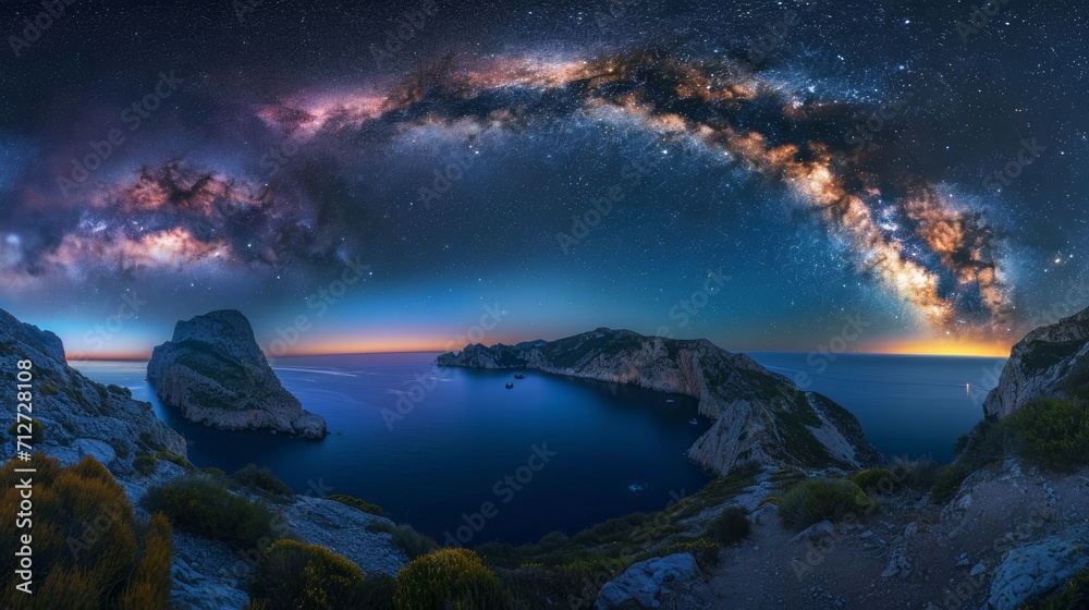 Arched Milky Way over the beautiful mountains and blue sea at night in summer. Colorful landscape with bright starry sky with Milky Way arch, moonlight, constellation, water. Galaxy. Nature and space