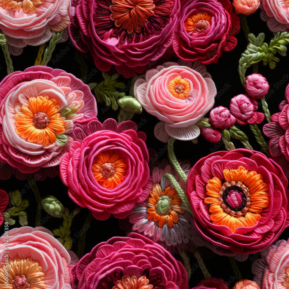Hyper Realistic Crochet Colorful Pink Crocheted Ranunculus Seamless Pattern
