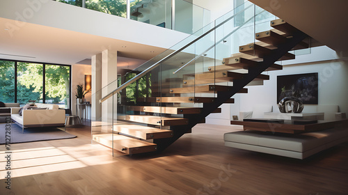 A floating staircase with a cantilevered design  featuring sleek wooden steps and a transparent glass railing. The minimalist approach adds a touch of modern sophistication