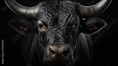 Majestic bull portrait isolated on black background, powerful and dominant animal symbol