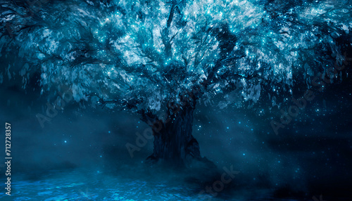 Fantasy night landscape with magical old tree, neon landscape. © MiaStendal