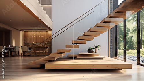 A floating staircase with a cantilevered design, featuring sleek wooden steps and a transparent glass railing. The minimalist approach adds a touch of modern sophistication