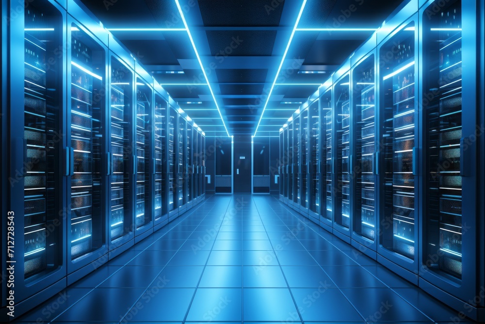 Fototapeta premium Visually captivating modern data center with state of the art server racks emitting a soft blue glow