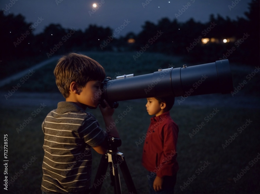 Two Young Boys Looking Through a Telescope at the Moon. Generative AI.