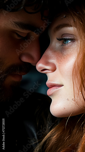 Man and woman face to face. Tenderness and love. Lovers and happy. Close-up.