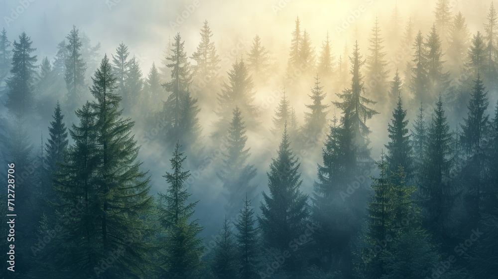 Serene Misty Forest With Dense Trees in Serene Misty Forest With Dense Trees in