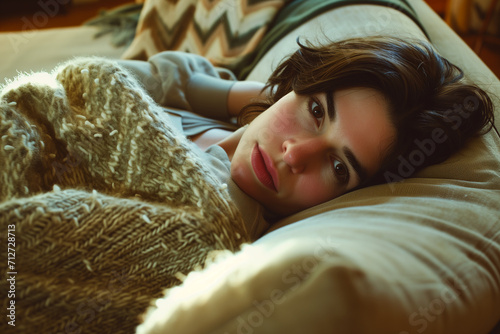 Young Woman Wrapped in Textured Blanket Resting on a Sofa