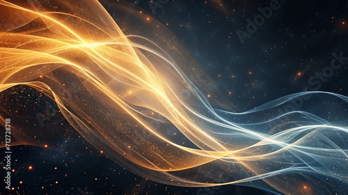 Curving,Flowing Energy Lines Pattern in Glowing Sunlit Space and Starry Sky Around - Modern Style Futuristic Technology or Astrology Concept Background, Generative Art, Creative Template,Vector Design
