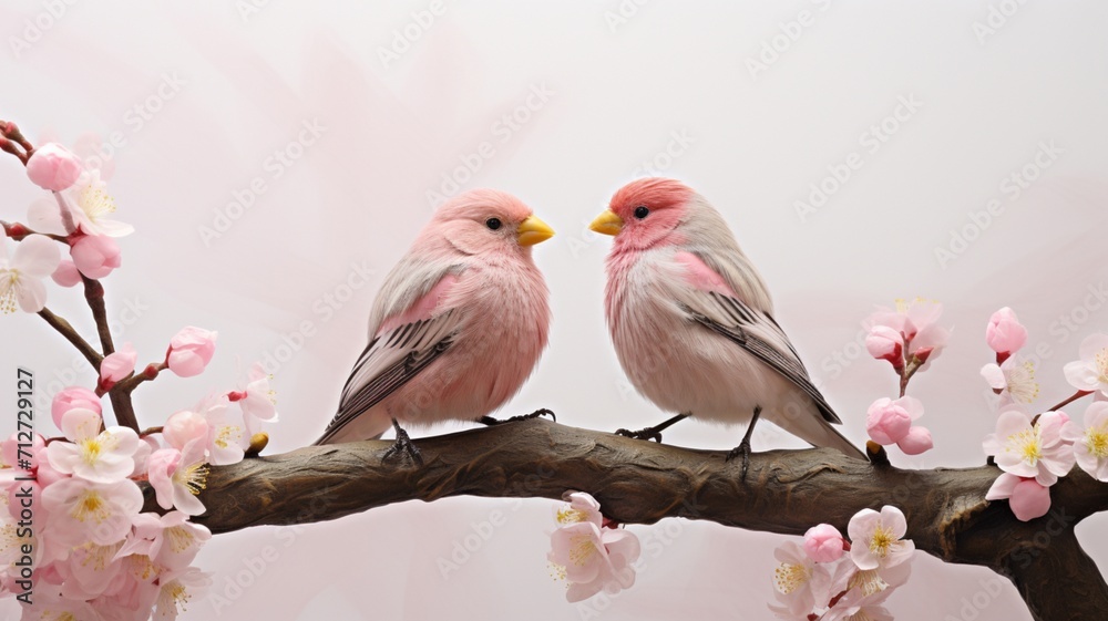 A pair of whimsical lovebirds perched on a blooming cherry blossom branch, surrounded by a soft haze of pink petals -Generative Ai