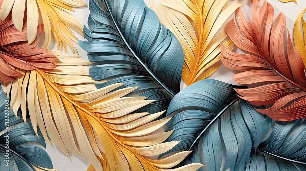 Wallpaper made of palm leaves in blue and gold. Generative AI Wallpaper made of palm leaves in blue and gold. Generative AI