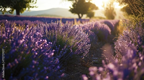 Lavender field Summer sunset landscape with tree. Blooming violet fragrant lavender flowers with sun rays with warm sunset sky