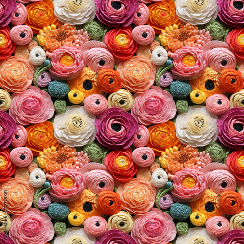 Hyper Realistic Colorful Crocheted Ranunculus Seamless Pattern