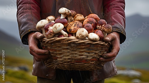 man holding a basket of mushrooms. Generative AI