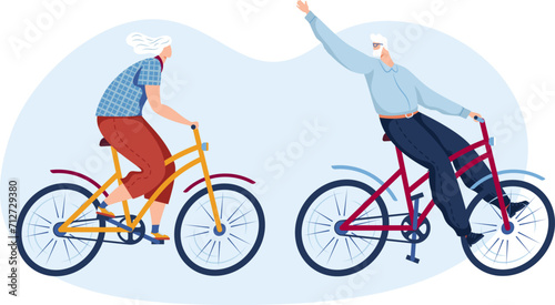 Senior man and woman ride bicycles and wave hello. Active elderly couple cycling together outdoors. Healthy lifestyle for retirees vector illustration.