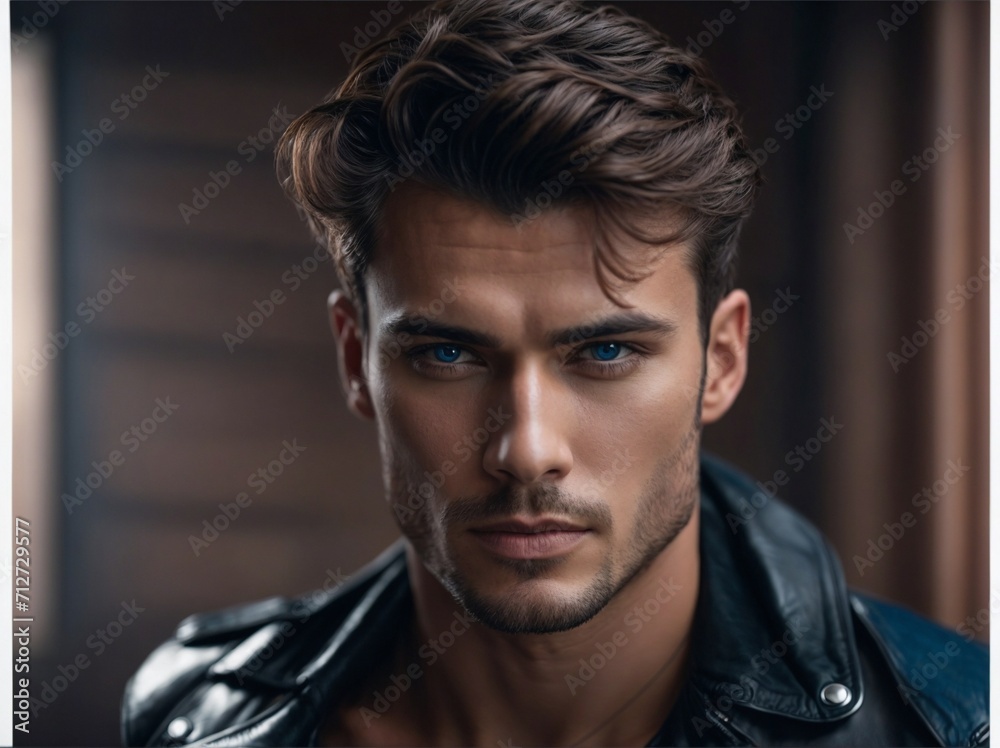 Blue-Eyed Man in Leather Jacket Stands Out in a Crowd. Generative AI. Blue-Eyed Man in Leather Jacket Stands Out in a Crowd. Generative AI.