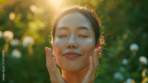  Outdoor shot of an Asian woman engaged in her skincare routine, harmonizing with nature