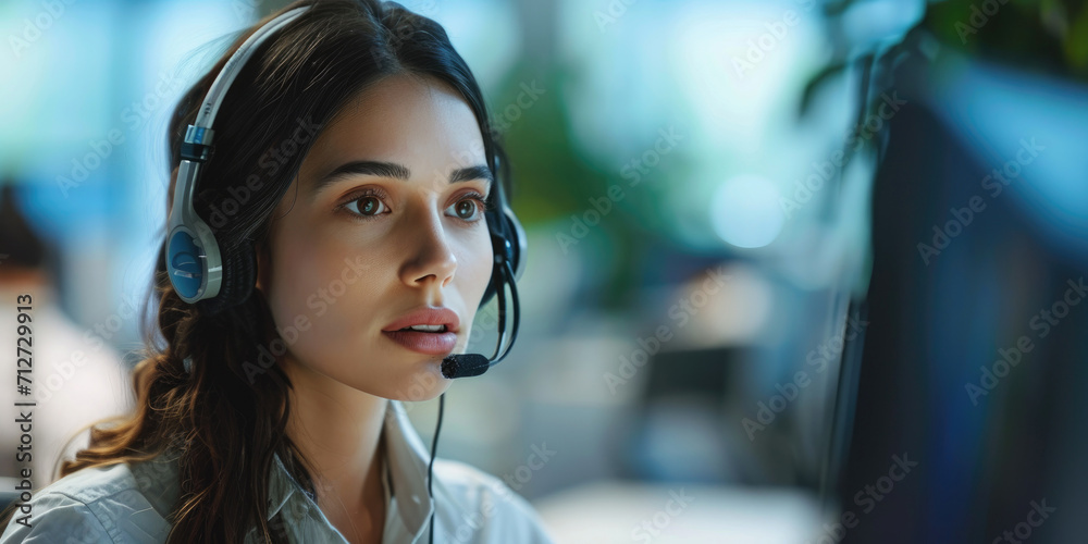 Call center. Woman answering on a phone call. Customer service concept Call center. Woman answering on a phone call. Customer service concept