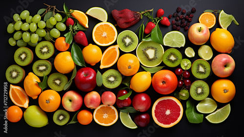Set of varied, multicolored exotic fruits. Tangerines and oranges, kiwi and pear, persimmon and lychee. Black Background. Generate AI © VinaAmeliaGRPHIC