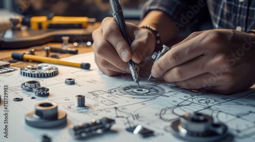 Engineer technician designing drawings mechanical parts engineering Engine manufacturing factory Industry Industrial work project blueprints measuring bearings caliper tools photo