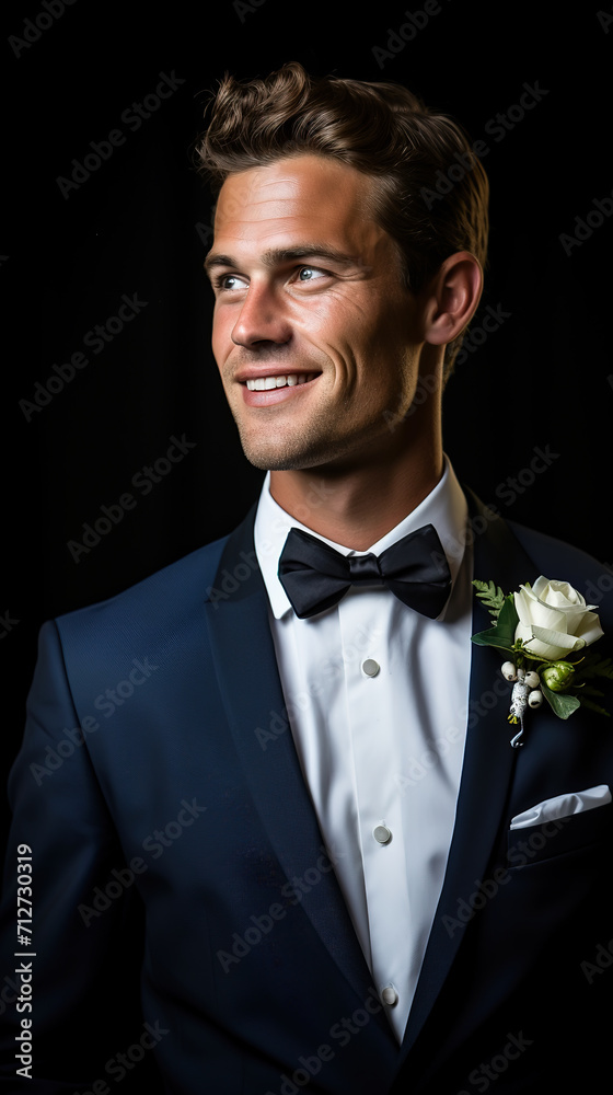 Portrait of a handsome groom in a blue suit and bow tie Portrait of a handsome groom in a blue suit and bow tie