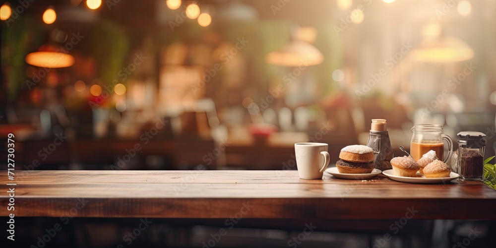 Blurred cafe background with product montage on empty table.