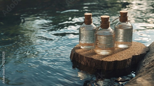 Floating experience in water  three water jugs and a piece of cork  wood  and metal nail
