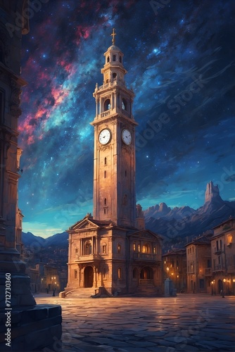 Clock Tower Painting in the Heart of a Town. Generative AI. photo