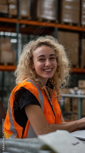 Vertical photo of female blonde curly worker at warehouse distribution logistic centre smiling at camera sitting at her desk wotking