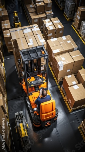 a worker in forklift in big storage modern warehouse