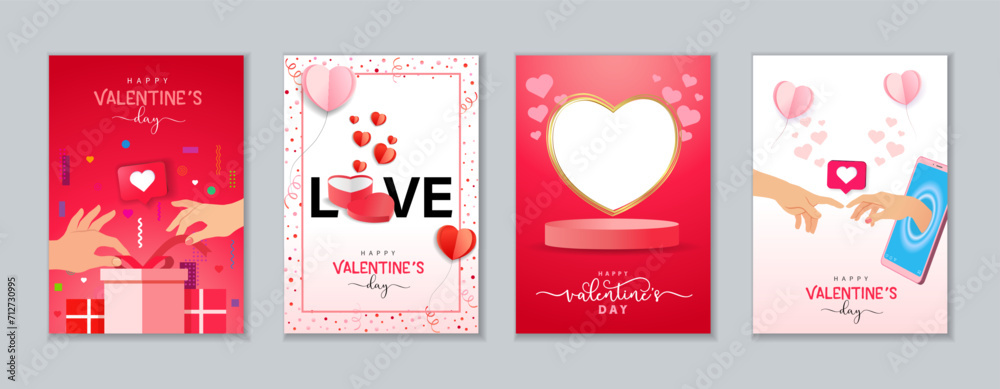 Happy Valentines Day creative posters set. Couple hands, 3d heart-shaped gift box, empty podium and paper hearts on pink confetti background. Vector illustration